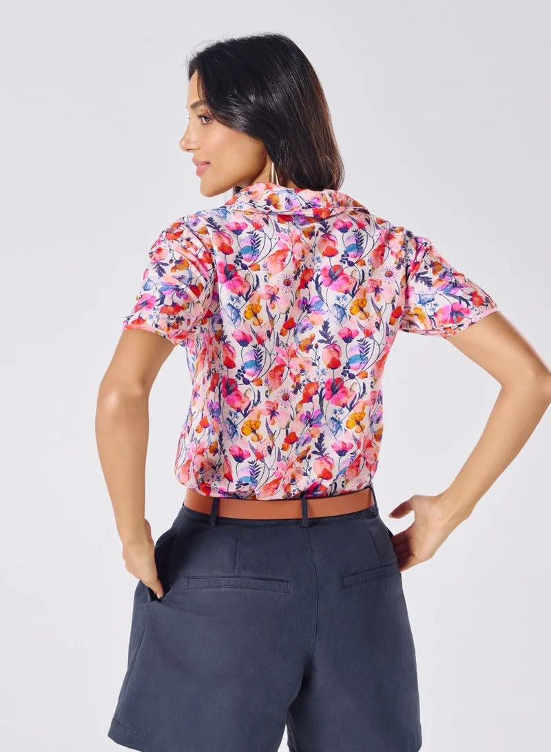 Zigzag  Lapel Collar Short Sleeve Printed Shirt for Women | Best Price UAE