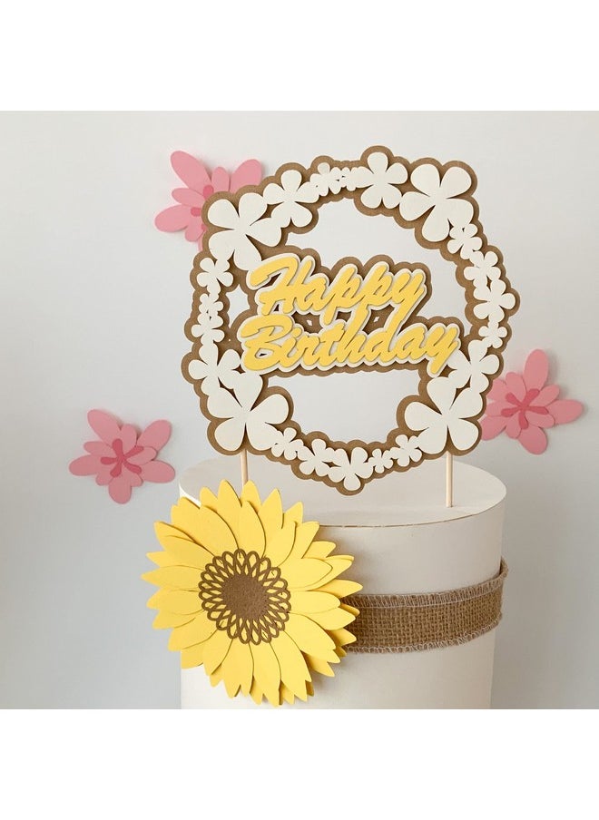 Pinfliers - Pinfliers Rustic Floral Theme Birthday Decoration Items Paper Cake Topper for Cake Decoration, 1, Yellow, Cream and Brown, 30th, 40th Happy Birthday Cake Topper - Image 1