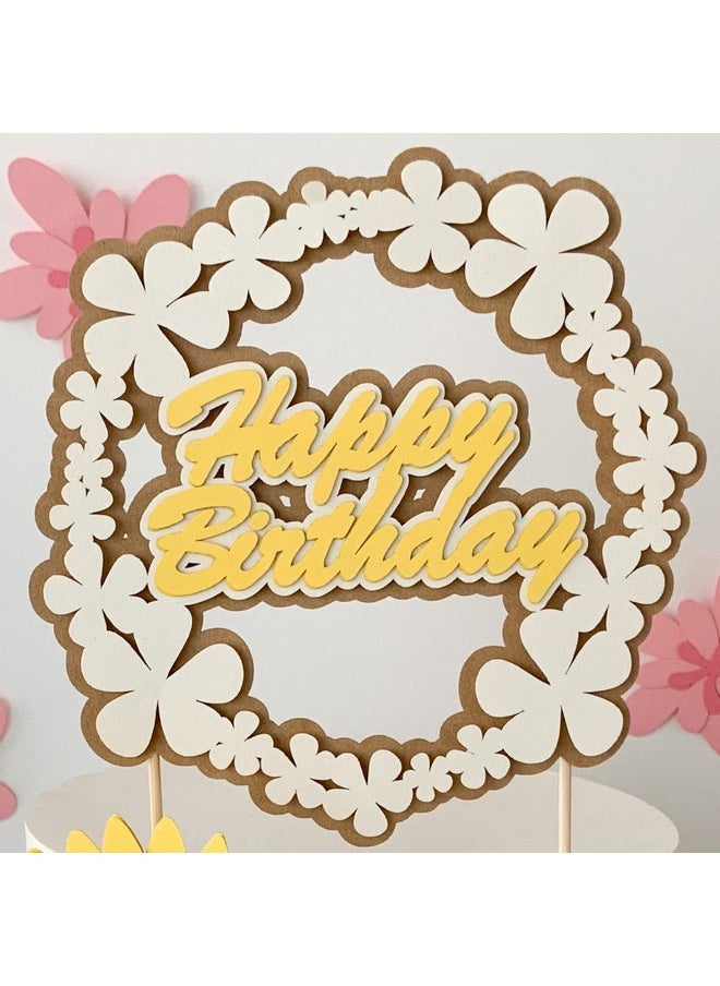 Pinfliers - Pinfliers Rustic Floral Theme Birthday Decoration Items Paper Cake Topper for Cake Decoration, 1, Yellow, Cream and Brown, 30th, 40th Happy Birthday Cake Topper - Image 1