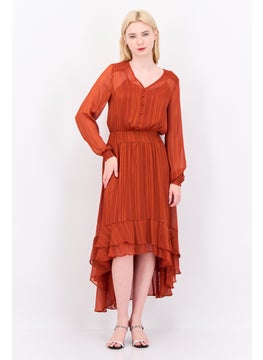 Women Ruffle Bottom Detail Midi Dress, Bricks