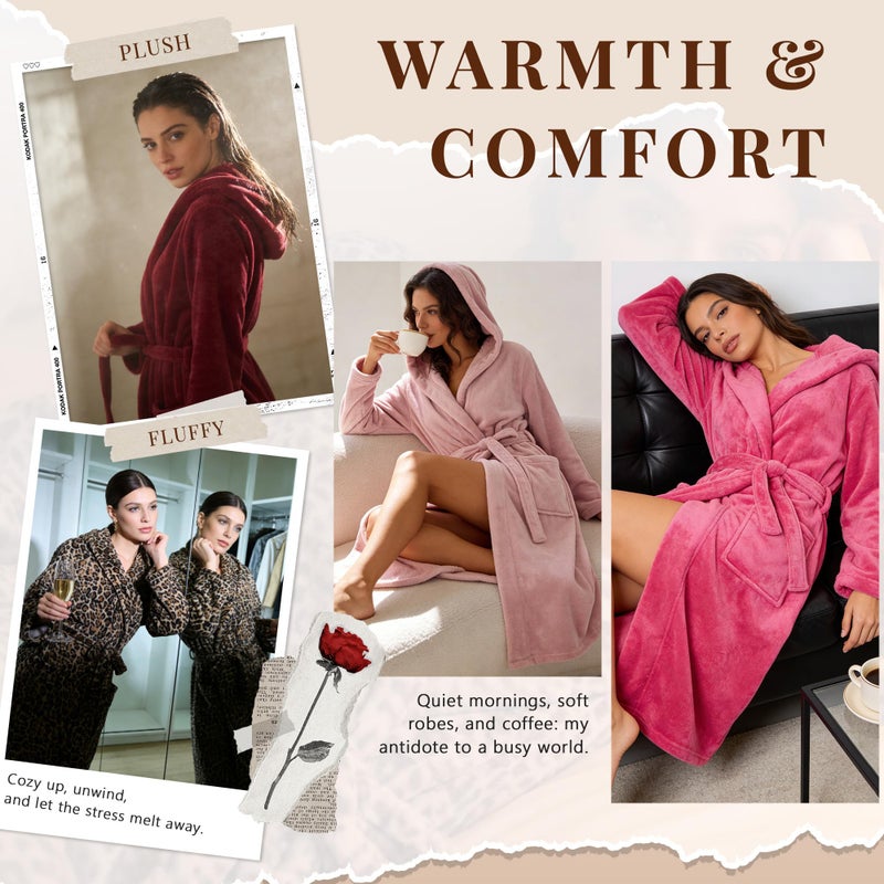 HEARTNICE Womens Hooded Fleece Robe, Soft Plush Bathrobe for Womens, Fluffy Cute Long House Coat (Rose Hooded, S/M) - Image 4
