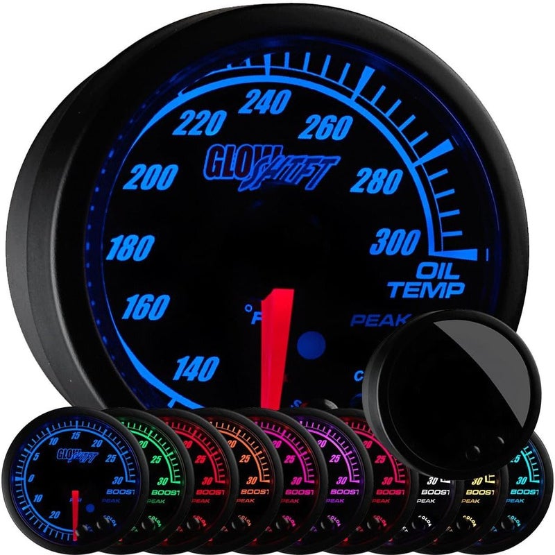 GLOWSHIFT Elite 10 Color 300 F Oil Temperature Gauge Kit - Includes Electronic Sensor - Black Dial - Tinted Lens - Peak Recall Function - for Car & Truck - 2-1/16" 52mm - Image 1