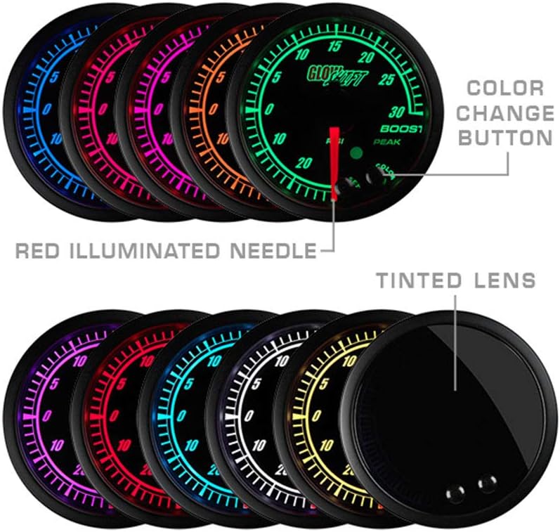 GLOWSHIFT Elite 10 Color 300 F Oil Temperature Gauge Kit - Includes Electronic Sensor - Black Dial - Tinted Lens - Peak Recall Function - for Car & Truck - 2-1/16" 52mm - Image 3