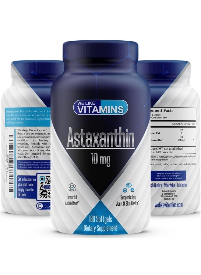 We Like Vitamins Astaxanthin 10mg Softgel - 180 Soft gels - Astaxanthin Supplement 6 Month Supply Antioxidant Helps Support Exercise Recovery, Eye, Joint, Skin Health - Image 1