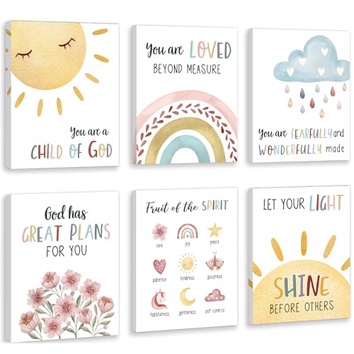 HOURIA Kids Bible Verses Wall DecorInspirational Christian Wall ArtSet Of 6 8X10 Rainbow Scripture Canvas Wall Art For Nursery Bedroom Classroom Sunday School DecorChristian Gifts For kids - Image 1