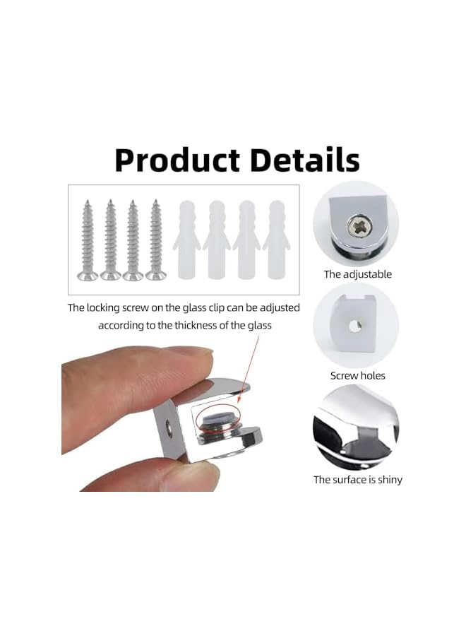 The Bros The Bros Adjustable Glass Shelf Support Bracket, 4 Pcs Zinc Alloy Glass Clamp Clip Holder, with Wall Mount Screws, for Staircase Handrail Balustrades Polished Glazing  - Image 2