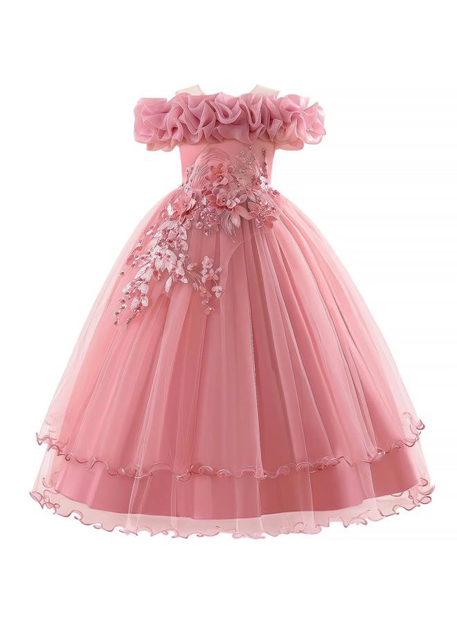 Kidinix Flower Girl Dresses Lace Embroidery Off The Shoulder Tulle Dress Communion Pageant Wedding Dance Gown, Beanpaste, 11-12 Years - Image 1