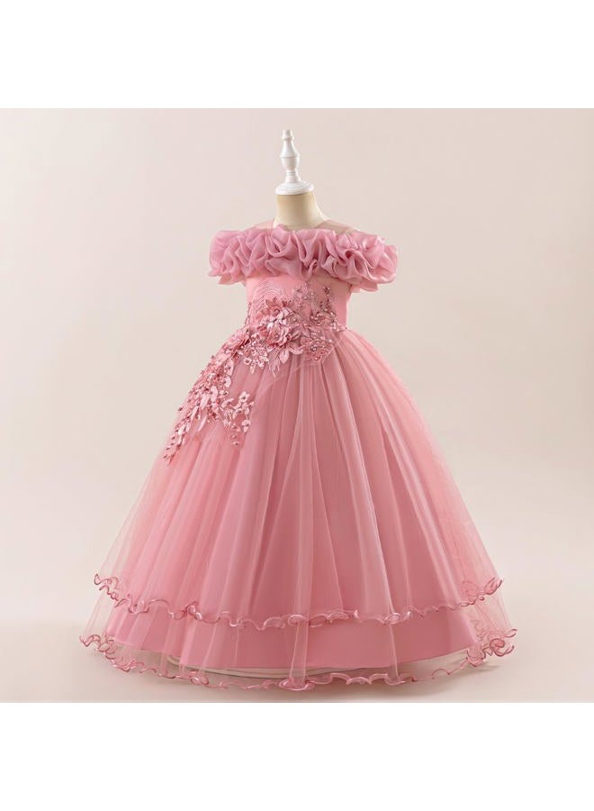 Kidinix Flower Girl Dresses Lace Embroidery Off The Shoulder Tulle Dress Communion Pageant Wedding Dance Gown, Beanpaste, 11-12 Years - Image 3