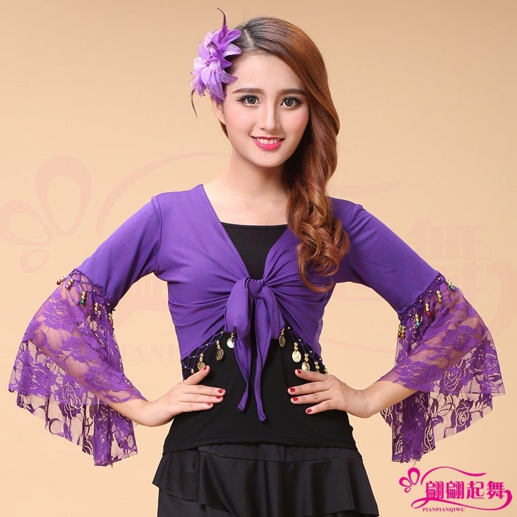 Belly Dance Table Costume Dance Costume New Square Dance Shawl Lace Trumpet Long Sleeve Practice Clothes Top - Image 1