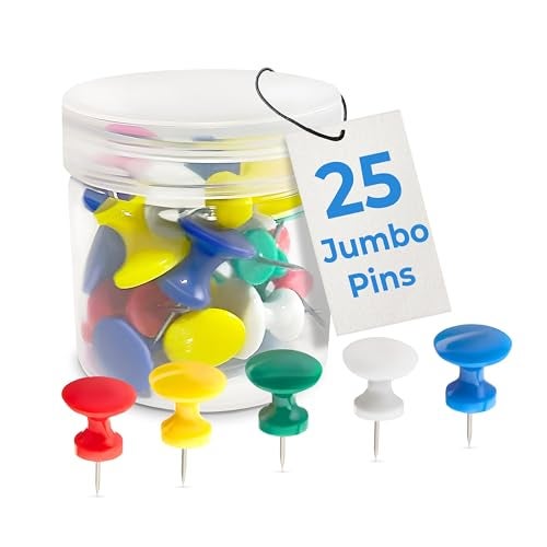 CraftyCrocodile 25 Giant Push Pins - Green, White, Yellow, Blue, Red Jumbo Tacks with Plastic Heads & Steel Points for Cork Board and Thick Papers - Image 1