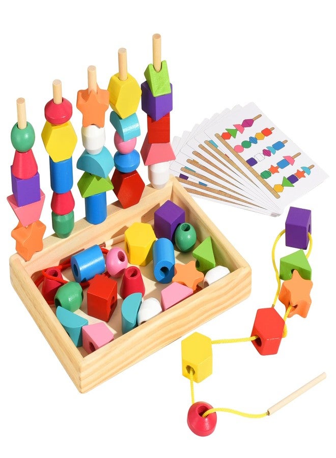 Gserin Montessori Bead Sequencing Set for Kids, Wooden Lacing Beads Toys for Toddlers, Matching Color Shape Stacker for 2 3 4 5 Years Old, Preschool Learning Educational Toys Gifts - Image 1