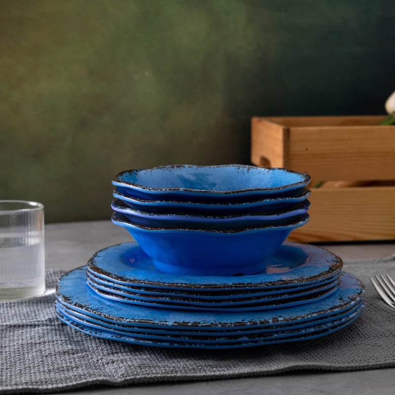 LEHAHA 12 Piece Melamine Dinnerware Set BPA Free Farmhouse Outdoor Dishes Set for 4  A Light Weight and Unbreakable Rustic Plate Bowl Set for Patio  RV and Camping - Image 5