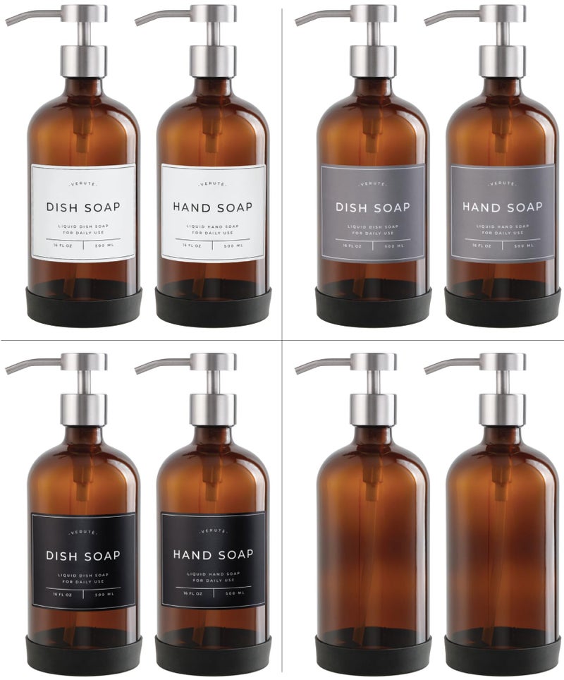 Verute Hand and Dish Soap Dispenser for Kitchen and Bathroom, Set of 2 16 Oz Glass Bottles, Stainless Steel Pumps, Non-Slip Silicone Base, 27 Waterproof Labels (Amber Bottle/Brushed Silver Pump) - Image 5