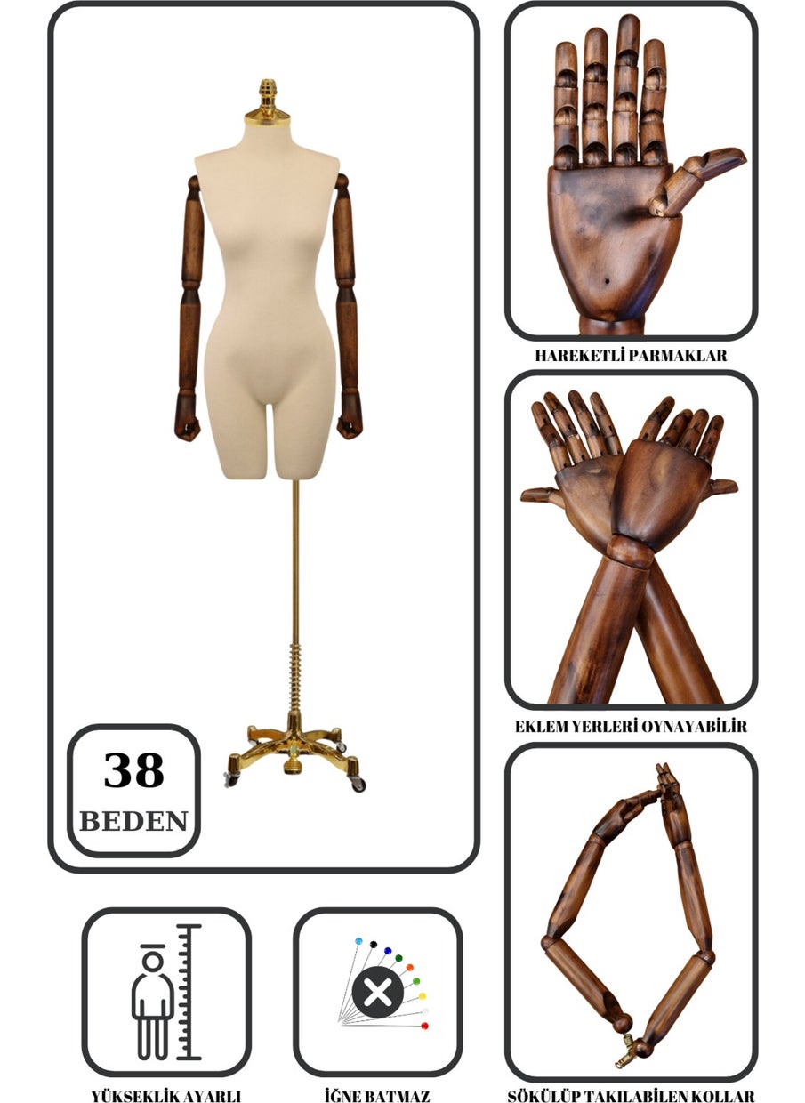 Manken İstanbul Mannequin Istanbul Luxury Gold Footed Tailor Mannequin with Wooden Arms Size 38 That Can Wear Trousers Showcase Mannequin  - Image 1