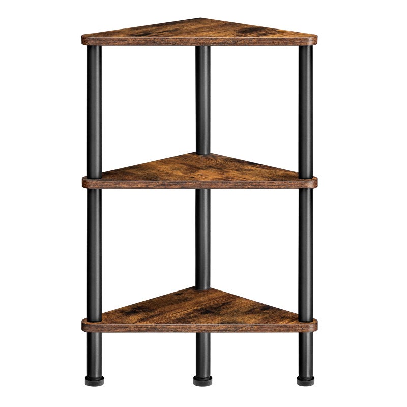 HOOBRO Corner Shelf Stand Industrial 3Tier Corner Bookshelf with Metal Frame Plant Display Shelf Small Bookcase for Small Spaces Living Room Rustic Brown and Black BF30CJ01