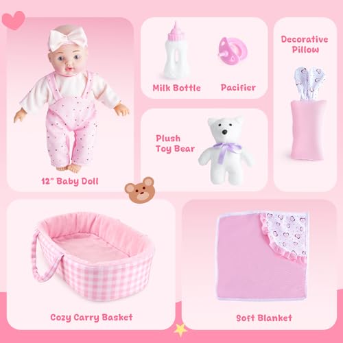 AuntyFey 12 Baby Doll Set Baby Doll Bassinet with Accessory for Girl Toddlers 13 with Bottle Teddy Bear Pillow Blanket - Image 5