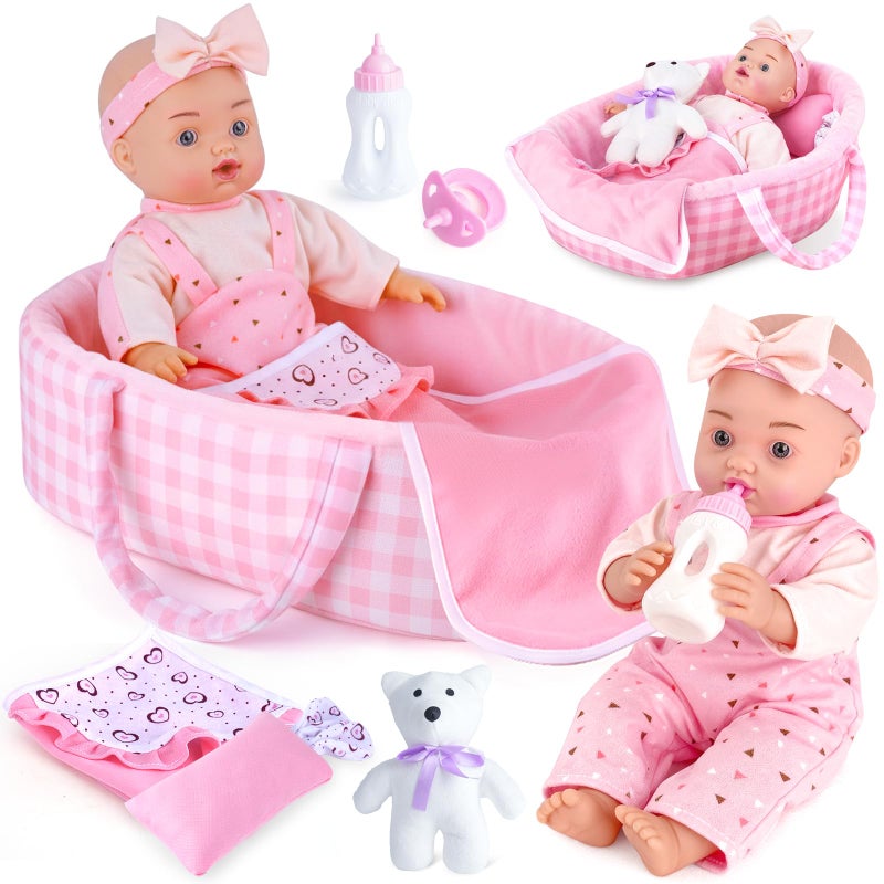 AuntyFey 12 Baby Doll Set Baby Doll Bassinet with Accessory for Girl Toddlers 13 with Bottle Teddy Bear Pillow Blanket - Image 3