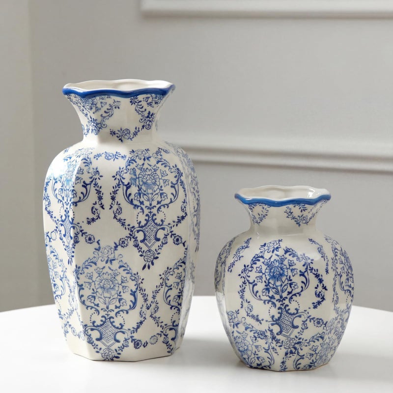 AceOrbit Set of 2 Vintage Blue and White Ceramic Chinoiserie Vase, 9.5'' and 6'' Porcelain Decorative Floral Vase for Centerpiece, Chinoiserie Decor for Table, Living Room, Bathroom, Shelf, Office - Image 1
