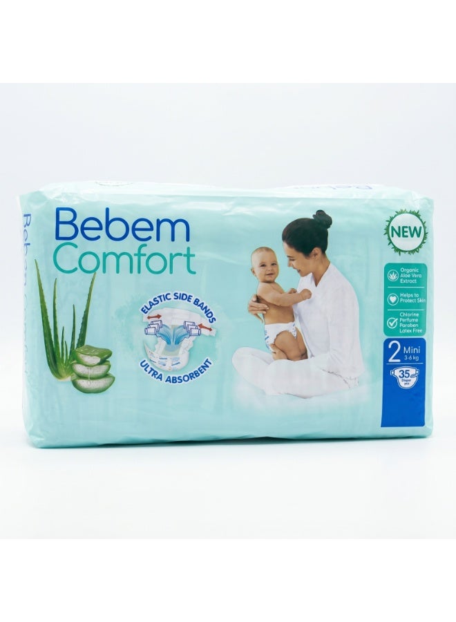 Bebem Bebeam Comfort Diapers, Elastic Side Strips, Super Absorbent, Organic Aloe Vera Extract, 3-6 kg Size 2 - 35 Diapers - Image 1