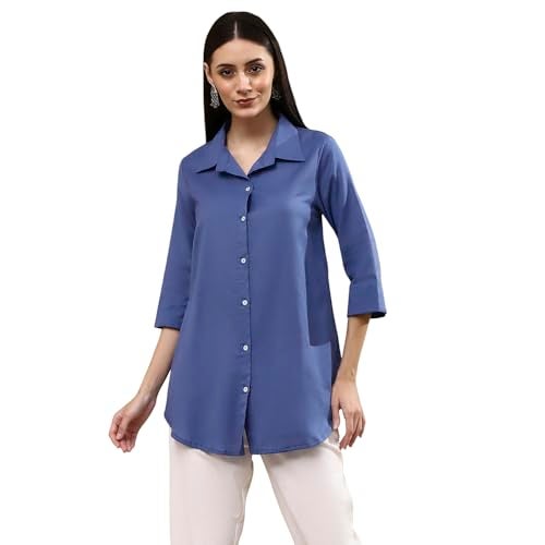 Biba Women's Blue Cotton Blend Straight Shirt_32 - Image 1