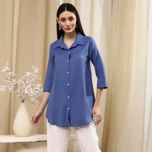 Biba Women's Blue Cotton Blend Straight Shirt_32 - Image 5
