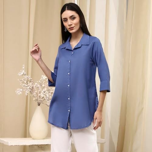 Biba Women's Blue Cotton Blend Straight Shirt_32 - Image 3