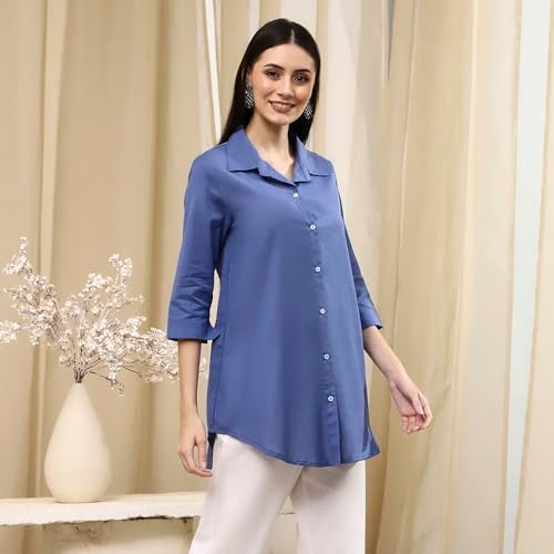 Biba Women's Blue Cotton Blend Straight Shirt_32 - Image 4