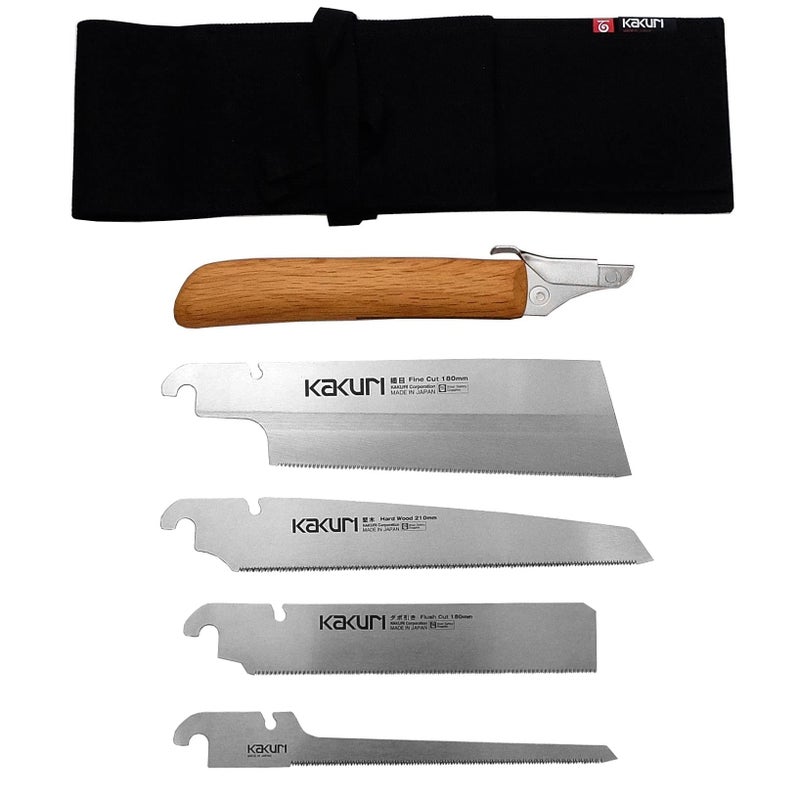 KAKURI Japanese Pull Saw Set for Precision Woodworking Fine Cut 7 Flush Cut 7 Hardwood 82 Keyhole 6 Red Oak Handles with Oil Finish Canvas Carrying Case Made in Japan