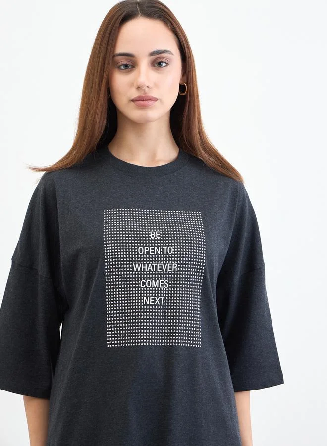 Charcoal Slogan Oversized T-Shirt with 3/4 Sleeves