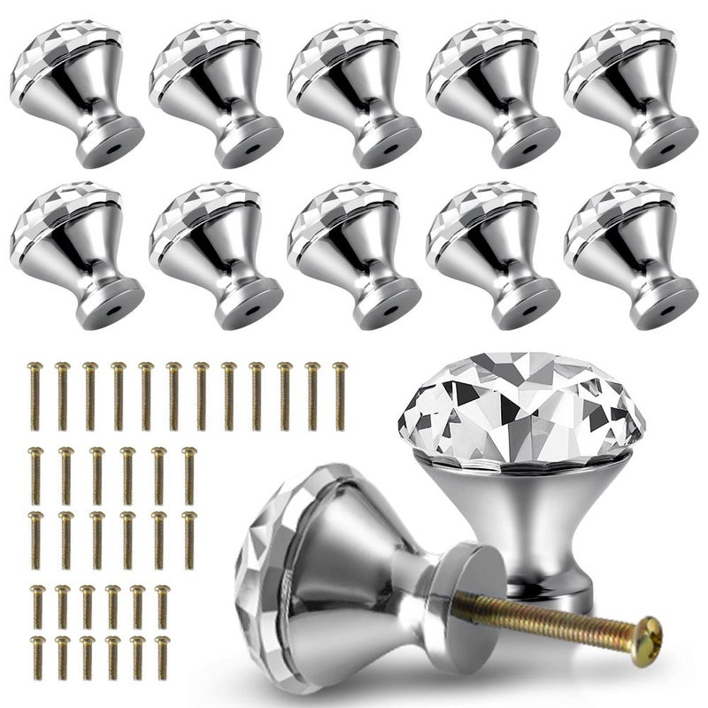 30mm Kitchen Cabinet Knobs Drawer Pull Handle Hardware Crystal Clear Glass Round Diamond Shape Dresser Closet Bifold Door Bathroom Cupboard Desk Nightstand Furniture Decorative Drawer Knobs 12PCS