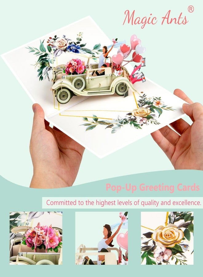 Magic Ants Just Married 3D Pop Up Wedding Card, Vintage Car with Floral Watercolor Cover, Romantic Card for Bride and Groom, Engagement, Bridal Shower, Newlyweds, Wedding Congratulations - Image 2