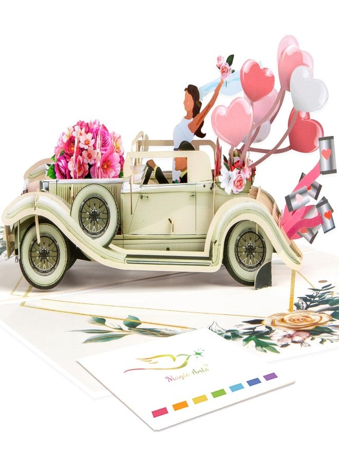 Magic Ants Just Married 3D Pop Up Wedding Card, Vintage Car with Floral Watercolor Cover, Romantic Card for Bride and Groom, Engagement, Bridal Shower, Newlyweds, Wedding Congratulations - Image 1