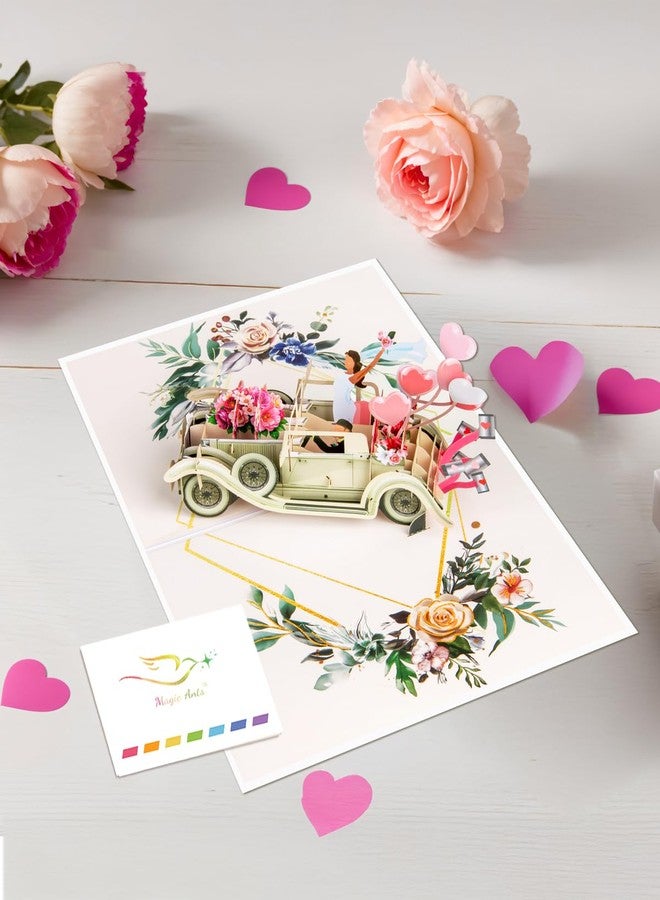 Magic Ants Just Married 3D Pop Up Wedding Card, Vintage Car with Floral Watercolor Cover, Romantic Card for Bride and Groom, Engagement, Bridal Shower, Newlyweds, Wedding Congratulations - Image 5