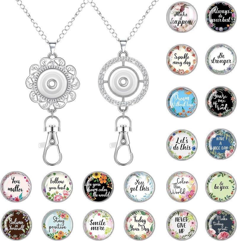 Woanger 2 Pieces Inspirational Lanyards for ID Badges for Women with 20 Styles Interchangeable Breakaway Snap Buttons Charms Pendent ID Holder Lanyard Necklace Badge Necklace for Women  - Image 1