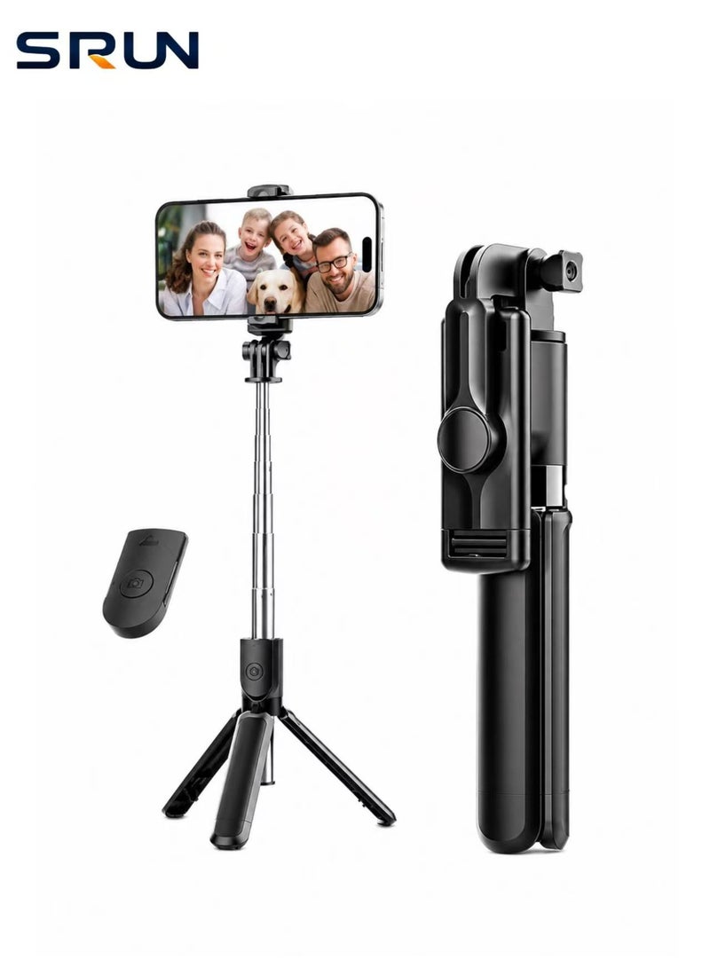 SRUN S03 Bluetooth Selfie Stick Tripod with Detachable Remote, 680mm Extendable Pole, Hidden Tripod Stand, 10m Wireless Control, Black - Image 1
