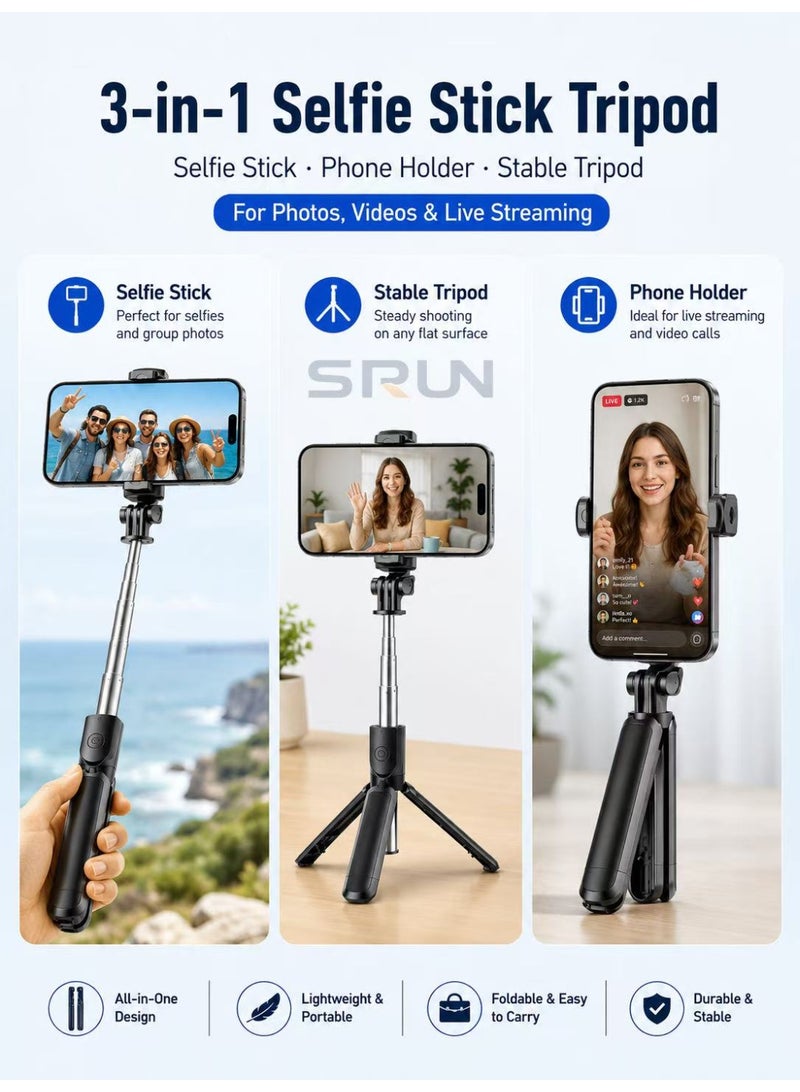 SRUN S03 Bluetooth Selfie Stick Tripod with Detachable Remote, 680mm Extendable Pole, Hidden Tripod Stand, 10m Wireless Control, Black - Image 4