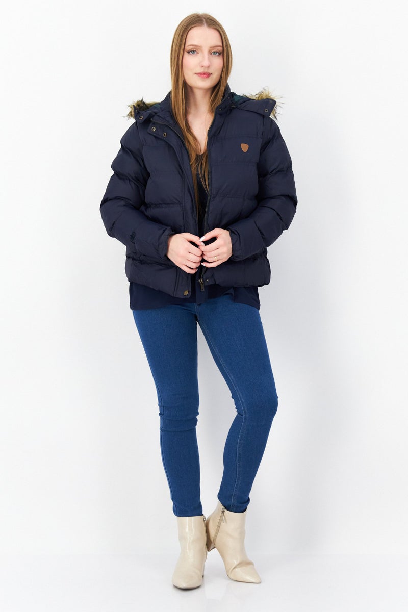 BRAVE SOUL Women Hooded Quilted Puffer Jacket, Navy Blue - Image 4