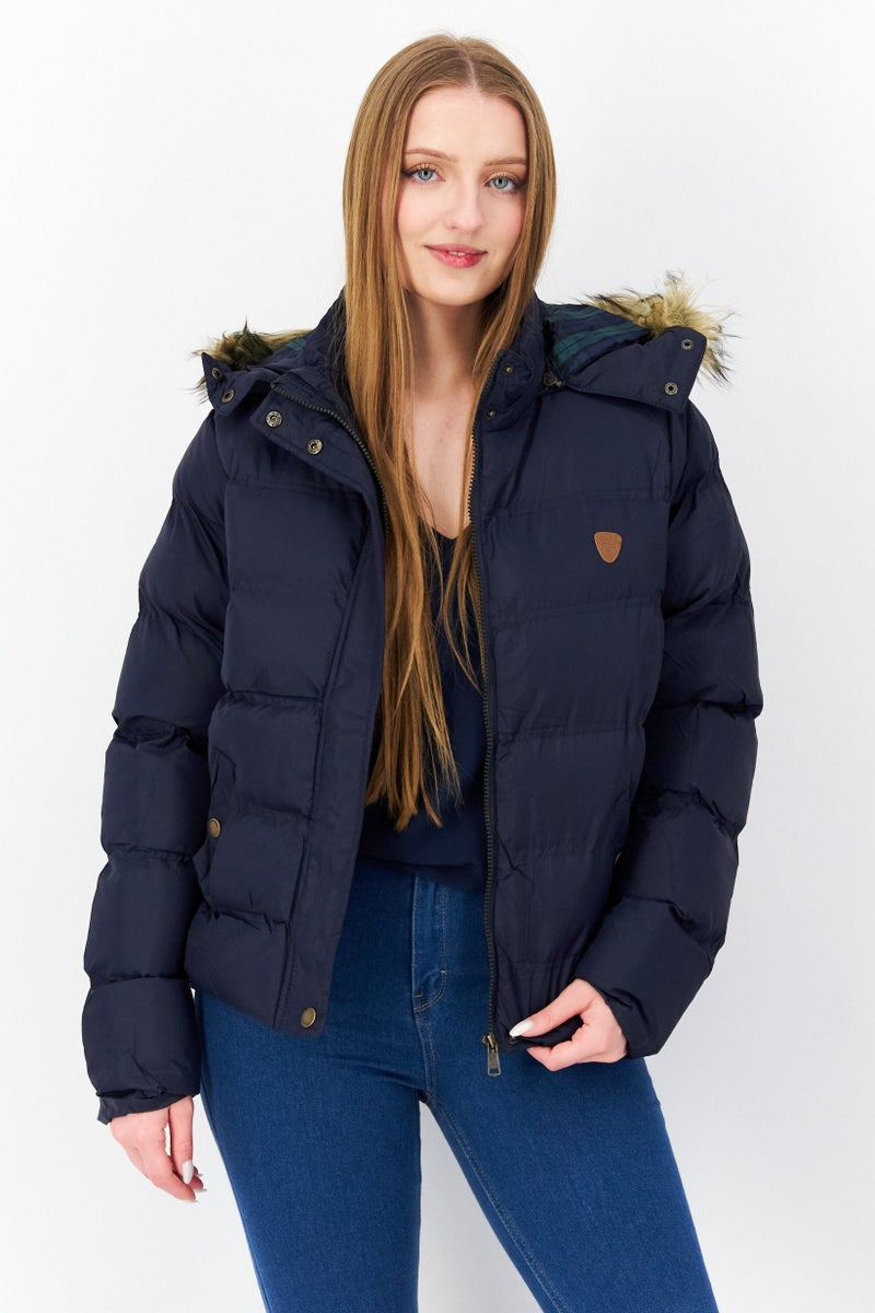 BRAVE SOUL Women Hooded Quilted Puffer Jacket, Navy Blue - Image 1