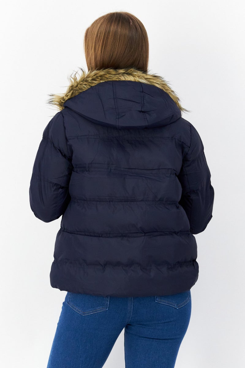 BRAVE SOUL Women Hooded Quilted Puffer Jacket, Navy Blue - Image 2