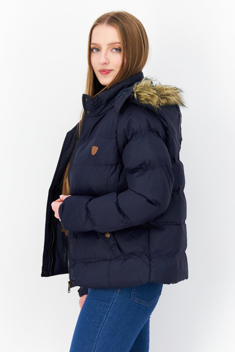 BRAVE SOUL Women Hooded Quilted Puffer Jacket, Navy Blue - Image 3