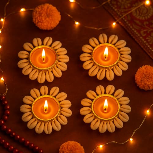 CraftVatika Tealight Candle Holder Set of 4, Diwali Decoration Items, Festive Decor Items, Christmas Home Decor Gifts, Handmade Kowdi Shell Tlight Candle Holder for Floor Pooja Decoration Items - Image 1