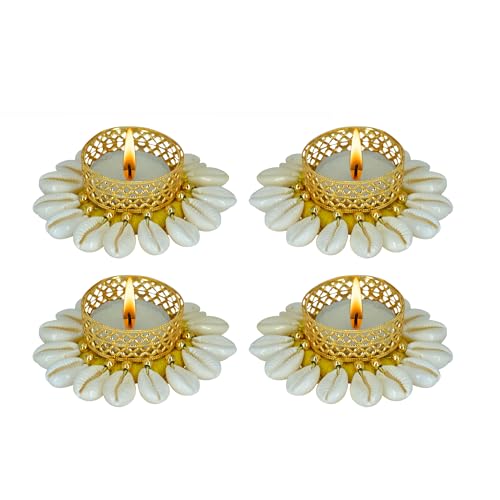 CraftVatika Tealight Candle Holder Set of 4, Diwali Decoration Items, Festive Decor Items, Christmas Home Decor Gifts, Handmade Kowdi Shell Tlight Candle Holder for Floor Pooja Decoration Items - Image 3