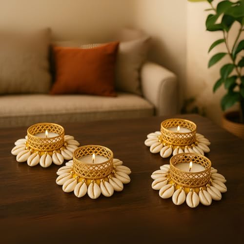 CraftVatika Tealight Candle Holder Set of 4, Diwali Decoration Items, Festive Decor Items, Christmas Home Decor Gifts, Handmade Kowdi Shell Tlight Candle Holder for Floor Pooja Decoration Items - Image 2