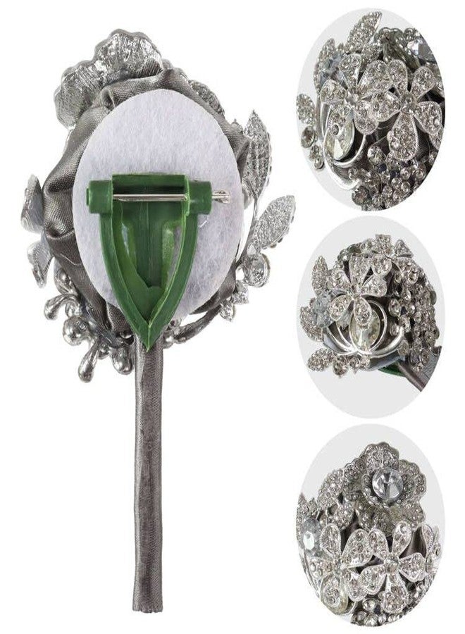 Prettybuy Rhinestone Wedding Prom Boutonniere and Corsage Set Sparkling Set for Groom Best Men and Bride Bridesmaid,Grey - Image 3