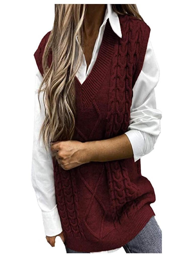 Eckek - Ladies Fashion Sweater Solid Color V-neck Sleeveless Dough Vest Sweater - Image 1