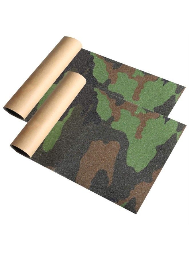 2-PCS Camo Skateboard Grip Tape Sheets, Bubble Free Water-proof Green Camouflage Scooter Grip Tape, Longboard Griptape, Sandpaper for Rollerboard Stairs Pedal Wheelchair Steps - Image 1