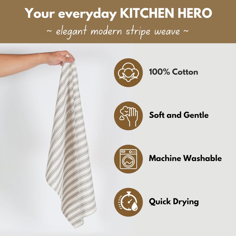 Native Fab 4 Pack Farmhouse Modern Stripe Kitchen Dish Towels Cotton Super Absorbent Quick Drying Reusable 18x26 Inches - Bar Hand Towels, Kitchen Cleaning Towels with Hanging Loop, Zaha Brown - Image 4