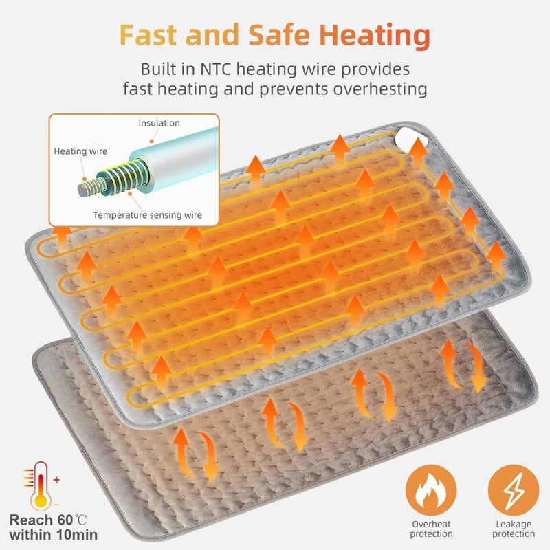 AMINAC Electric Heating Pad for Pain Relief of Back Neck & Shoulder,40x76cm,6 Electric Temperature Options,4 Timer Settings,Auto Shut Off Fast heat pad with LED Controller,Gray - Image 4