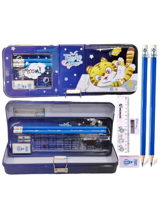 FunBlast Metal Pencil Box Case With Pencil, Eraser, Sharpener Stationery Set Double Layer Pencil Case Stationery Organizer For Kids, Boys, Girls (Travel Time) (Multicolor) - Image 1