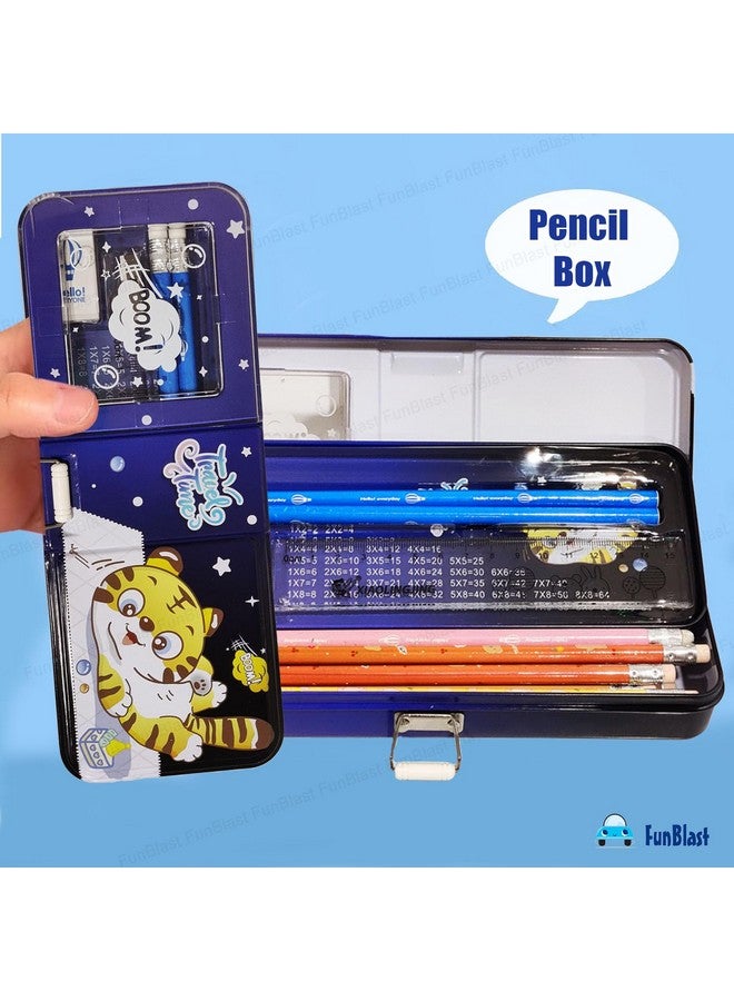 FunBlast Metal Pencil Box Case With Pencil, Eraser, Sharpener Stationery Set Double Layer Pencil Case Stationery Organizer For Kids, Boys, Girls (Travel Time) (Multicolor) - Image 2